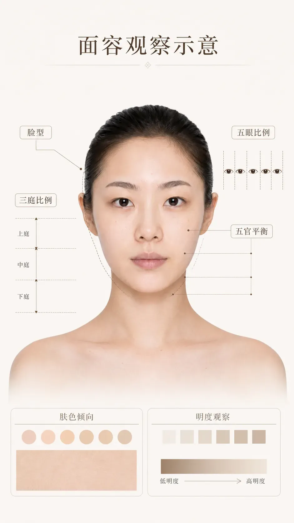 面容观察示意：以人像为中心，标出脸型、三庭、五眼、肤色倾向与明度观察