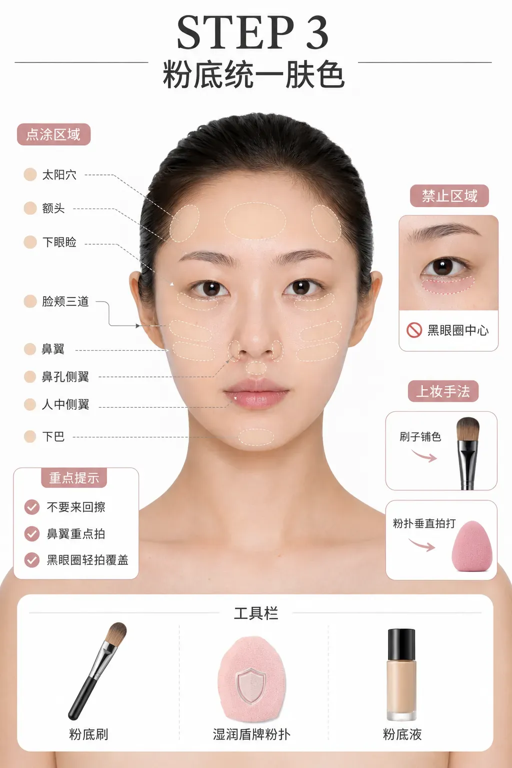 粉底统一肤色：分区铺开与避开眼下重点遮瑕