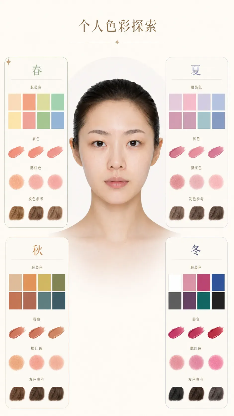 个人色彩探索：春夏秋冬四组服装、唇色、腮红与发色灵感色卡